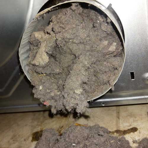Thick lint removed from a dryer vent during professional cleaning