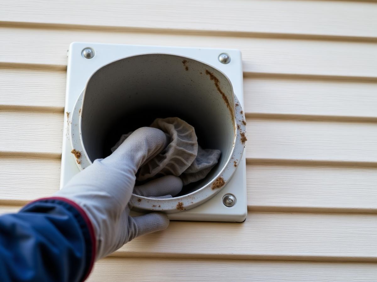 Exterior dryer vent cover being inspected on the outside wall of a home