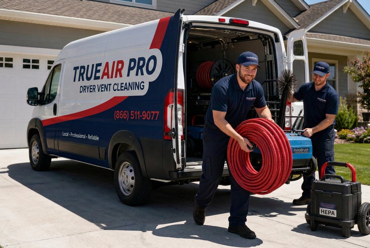 TRUEAIR PRO branded service van and technicians outside a home