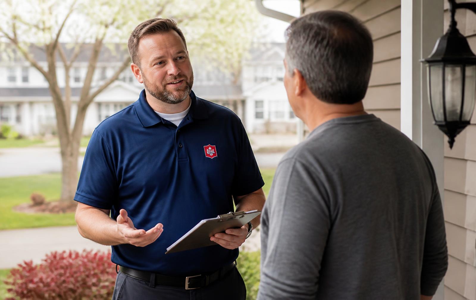 TRUEAIR PRO technician explaining the dryer vent cleaning process to a homeowner