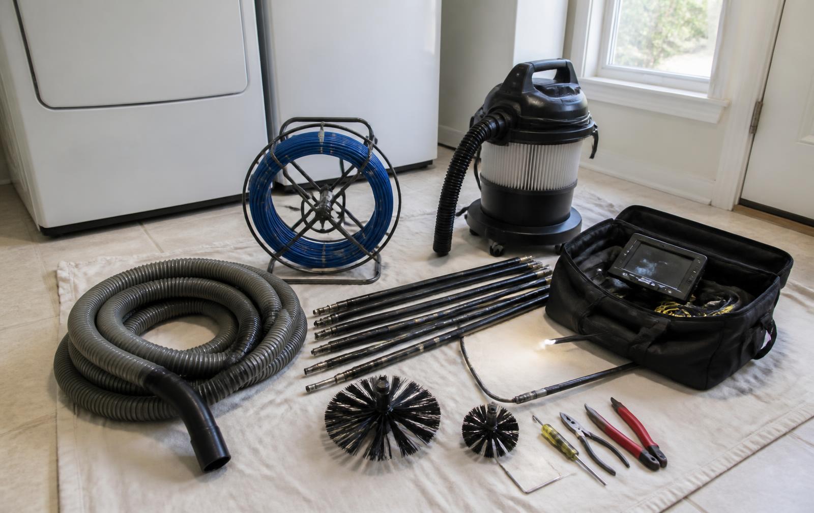 Professional dryer vent cleaning equipment including rotary brushes, rods and a vacuum unit